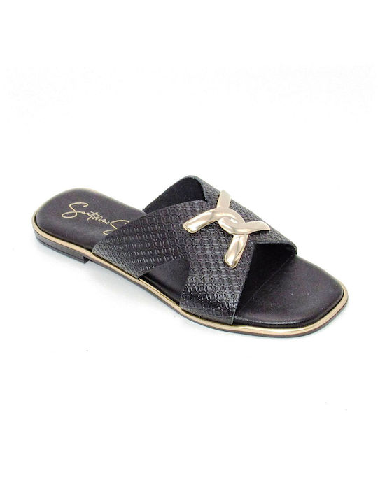 Santorini Sandals Leather Women's Flat Sandals in Black Color