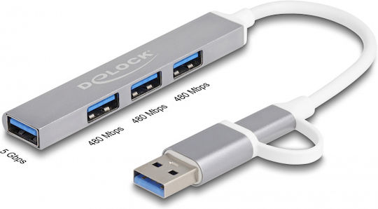 DeLock USB-Hub 4 Anschlüsse USB 3.0 mit Anschluss an einen Computer USB-A / USB-C Grau