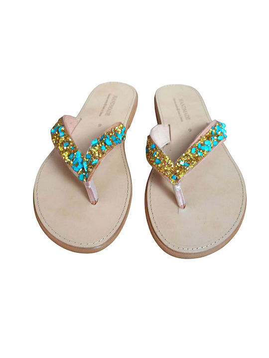 Fashion Beads Leather Women's Flat Sandals in Gold Color