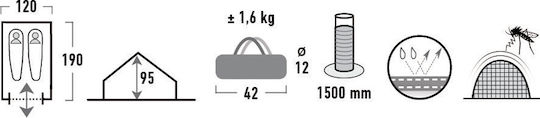 High Peak Minipack 2 Summer Camping Tent Blue with Double Cloth for 2 People 190x120x95cm