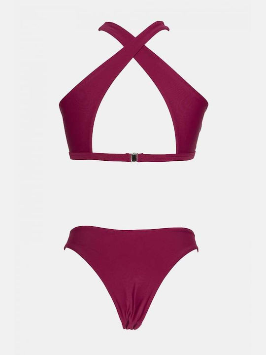 Set Bikini Triunghi Cu Burete Detașabil Talie Înaltă Fuchsia