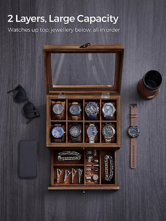 Songmics Wooden Jewellery Box with Drawer & Mirror Brown 27x12.5x12.5cm