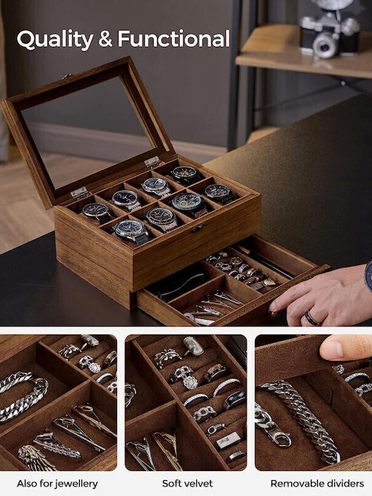 Songmics Wooden Jewellery Box with Drawer & Mirror Brown 27x12.5x12.5cm