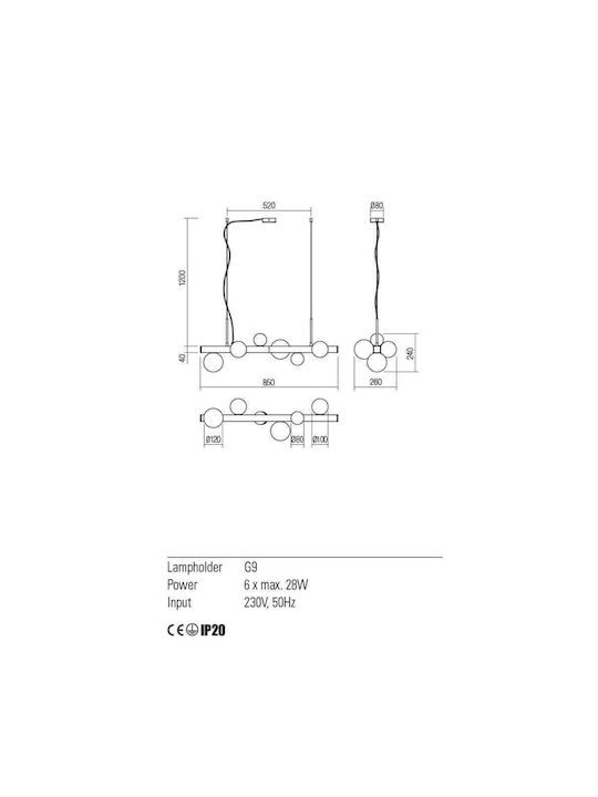 Redo Group Goji Pendant Chandelier Rail for 6 Bulbs G9 Gold