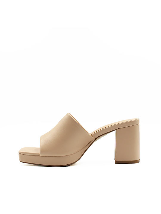 Noboo Mules mit Chunky Hoch Absatz in Beige Farbe