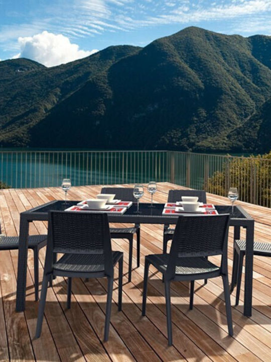 Tahiti Outdoor Dinner Free Standing Table with Glass Surface and Rattan Frame Gray 180x94x75cm