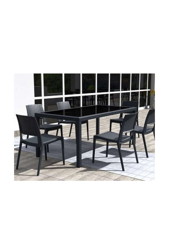 Tahiti Outdoor Dinner Free Standing Table with Glass Surface and Rattan Frame Gray 180x94x75cm