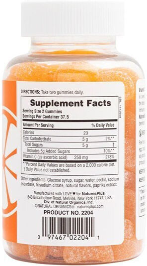 Nature's Plus Gummies Vitamin C Vitamin für Stärkung des Immunsystems, die Haut & Antioxidative Wirkung 250mg Orange 75 Geleebohnen