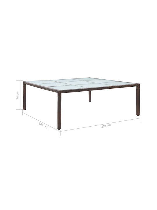 Outdoor Dinner Free Standing Table with Glass Surface and Rattan Frame Synthetic Ratan 200x200x74cm