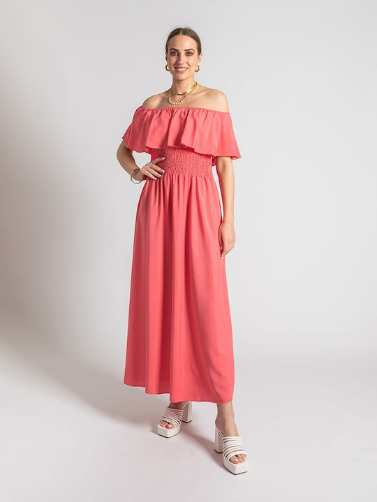 InShoes Καλοκαιρινό Maxi Φόρεμα με Βολάν Ροζ