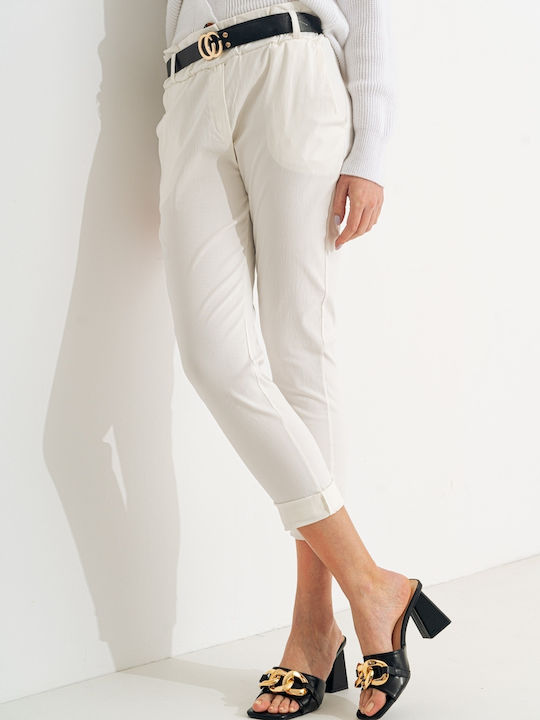 InShoes Women's Fabric Capri Trousers with Elastic in Loose Fit White