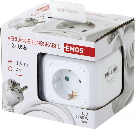 Emos PowerCube 4 Θέσεων με 2 USB-A και Καλώδιο 1.9m
