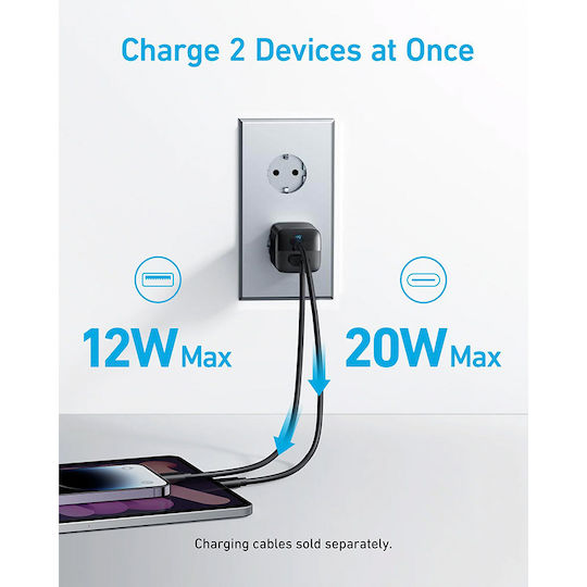 Anker Încărcător Fără Cablu cu Port USB-A și Port USB-C 33W Livrarea energiei Negruς (323)