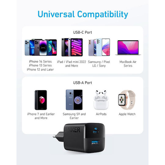 Anker Încărcător Fără Cablu cu Port USB-A și Port USB-C 33W Livrarea energiei Negruς (323)