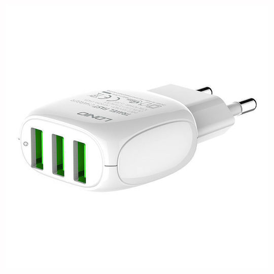 Ldnio Φορτιστής με 3 Θύρες USB-A και Καλώδιο micro USB Λευκός (A3315)