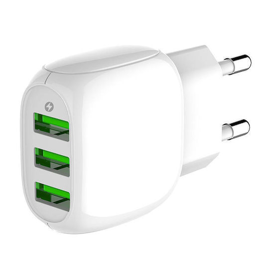 Ldnio Φορτιστής με 3 Θύρες USB-A και Καλώδιο micro USB Λευκός (A3315)