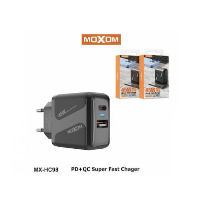 Moxom Încărcător Fără Cablu cu Port USB-A și Port USB-C 45W Livrarea energiei Negruς (MX-HC98)