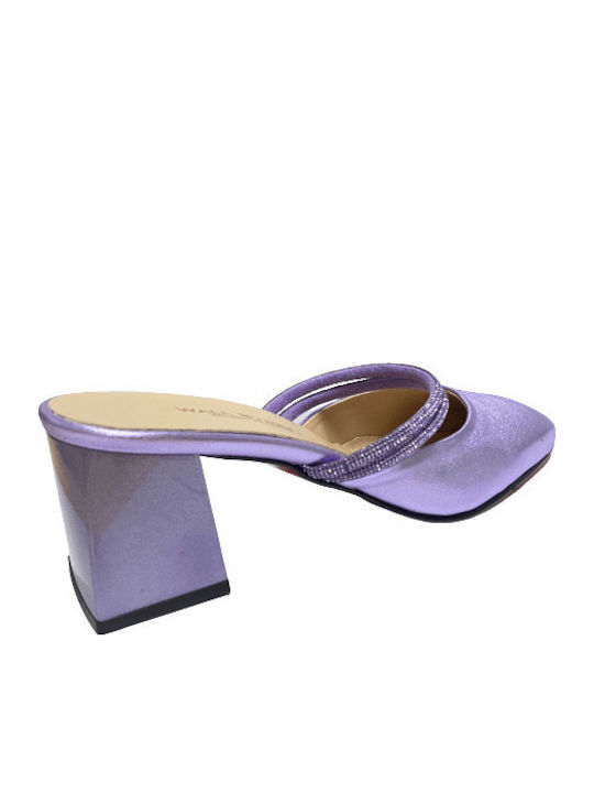 Leather Mules with Chunky High Heel in Purple Color