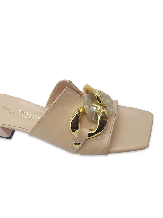 Leather Mules with Chunky Low Heel in Beige Color