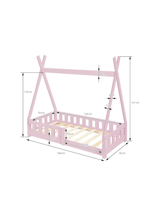 Pat pentru Copii Montessori Single Roz pentru Saltea 70x140cm