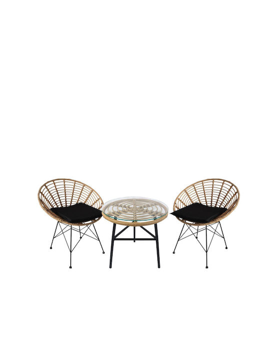 Arellius Garden & Outdoor Furniture Set for Small Spaces 3 Pieces Natural/Black with Pillows