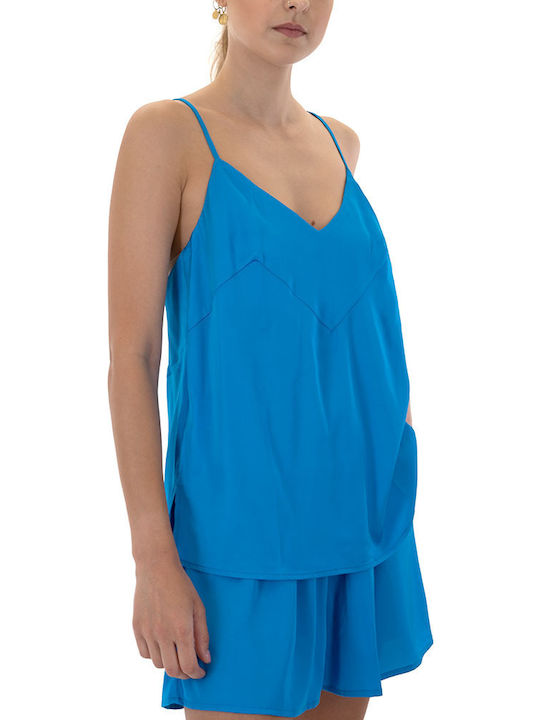 Women's Summer Blouse with Straps & V Neckline Blue