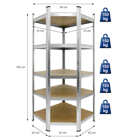 ECD Germany Raft Colț Dexion Galvanizat 70x40x180 cm Cu 5 Rafturi Rezistență Totală 750 kg