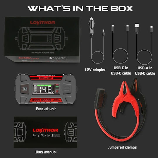 Lokithor J1000 Portable Car Battery Jump Starter 1000A with Power Bank / USB 12V