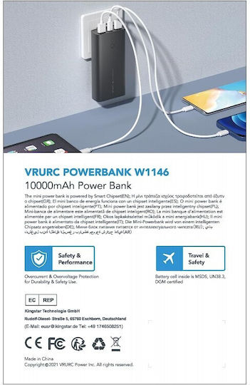 Vrurc ACE100 Power Bank 10000mAh 20W με 2 Θύρες USB-A και Θύρα USB-C Power Delivery / Quick Charge 3.0 Μαύρο