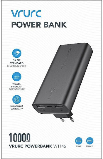 Vrurc ACE100 Power Bank 10000mAh 20W με 2 Θύρες USB-A και Θύρα USB-C Power Delivery / Quick Charge 3.0 Μαύρο