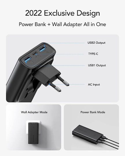 Vrurc ACE100 Power Bank 10000mAh 20W με 2 Θύρες USB-A και Θύρα USB-C Power Delivery / Quick Charge 3.0 Μαύρο