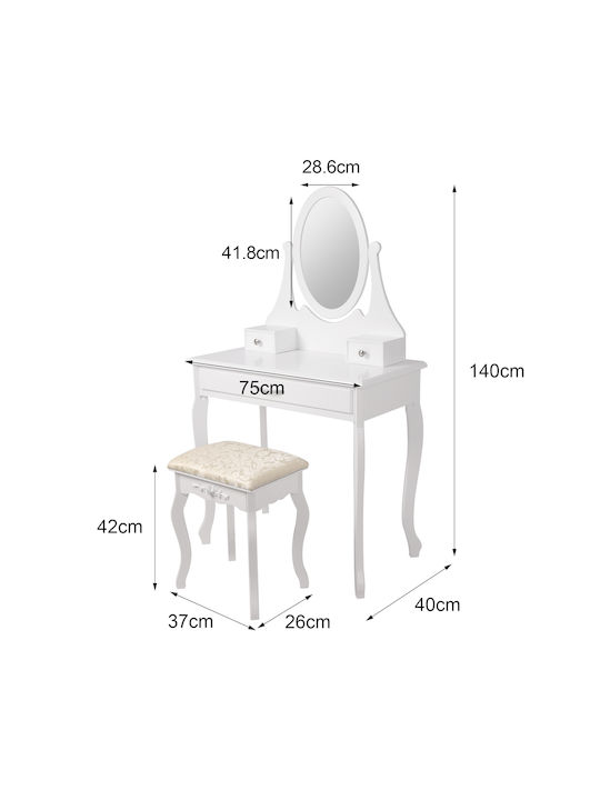 Masută De Toaletă De Podea Din Lemn Albă Cu Oglindă Și Taburet 75x40x140cm