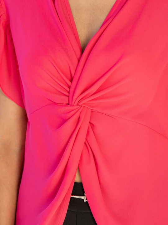 Women's Summer Blouse Short Sleeve with V Neckline Fuchsia