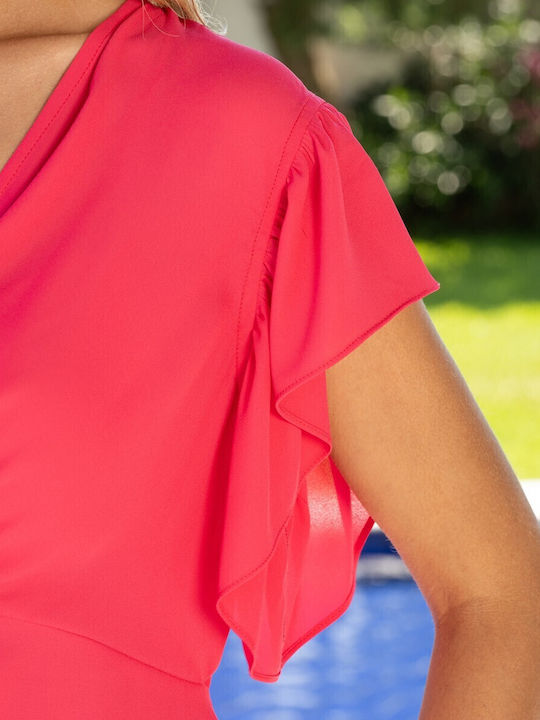Women's Summer Blouse Short Sleeve with V Neckline Fuchsia