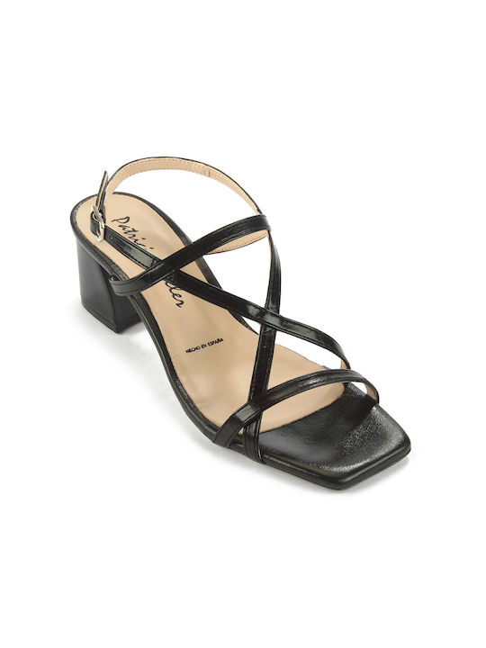 Fshoes Leather Women's Sandals Black with Chunky Medium Heel