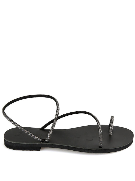 Silia D Handmade Leather Women's Sandals with Strass Black