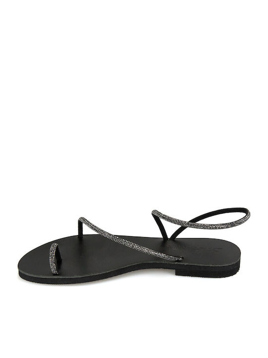 Leather Women's Flat Sandals in Black Color