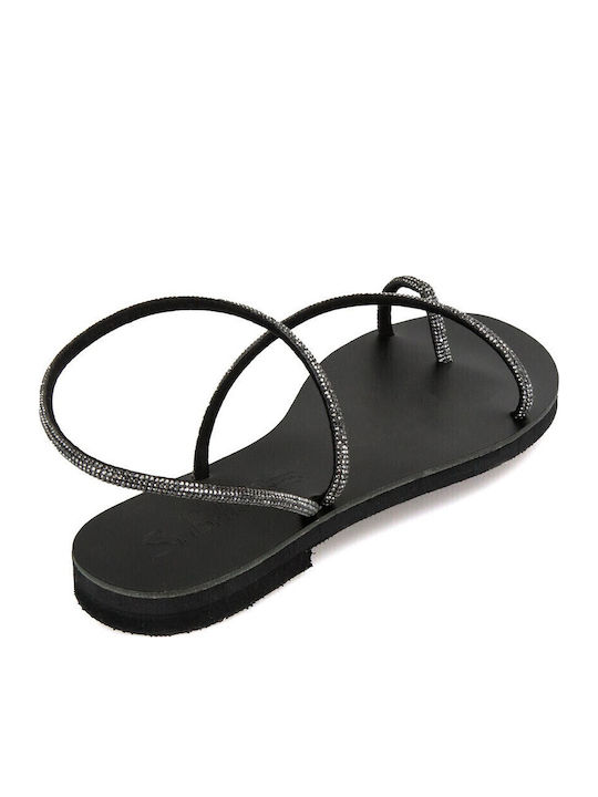 Leather Women's Flat Sandals in Black Color