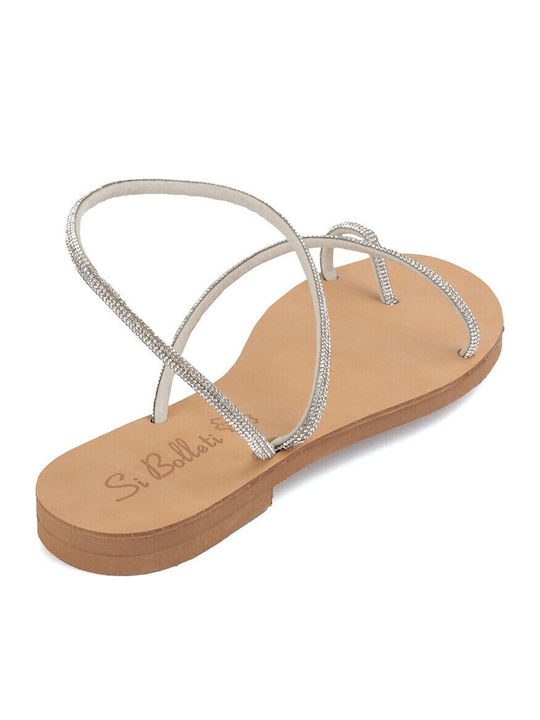 Leather Women's Flat Sandals in Silver Color