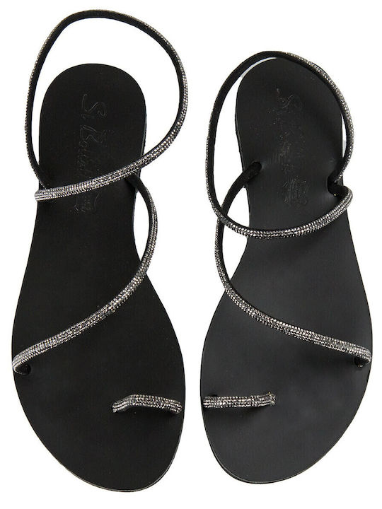 Leather Women's Flat Sandals in Black Color