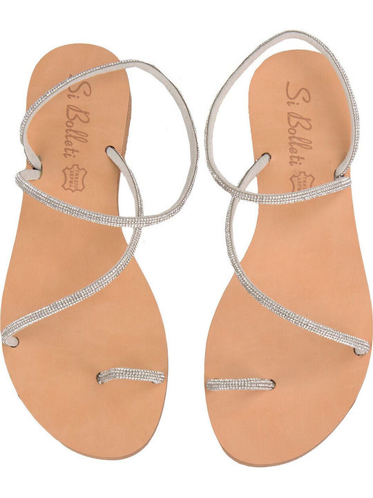 Leather Women's Flat Sandals in Silver Color