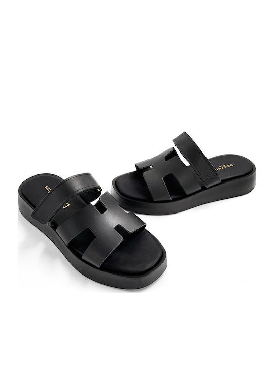 Leather Women's Flat Sandals Flatforms in Black Color
