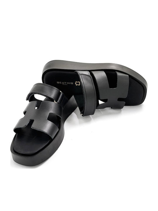 Leather Women's Flat Sandals Flatforms in Black Color