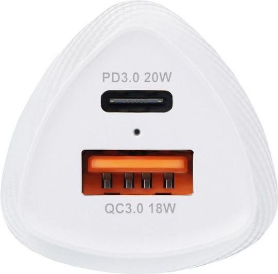 Forcell CC50-1A1C Handy-Autoladegerät 38W 5A Schnellladen mit Anschlüssen: 1xUSB 1xType-C Weiß Farbe