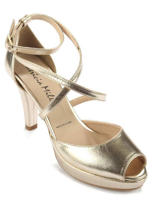 Fshoes Leather Peep Toe Gold High Heels with Strap