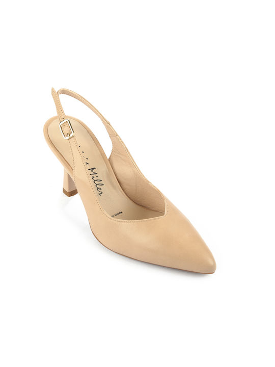 Fshoes Leather Pointed Toe Beige High Heels