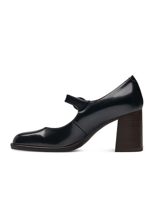 Synthetic Leather Black Medium Heels with Strap