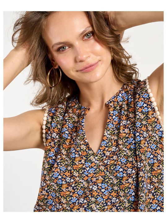 Passager Women's Summer Blouse Sleeveless with V Neckline Floral Multicolour