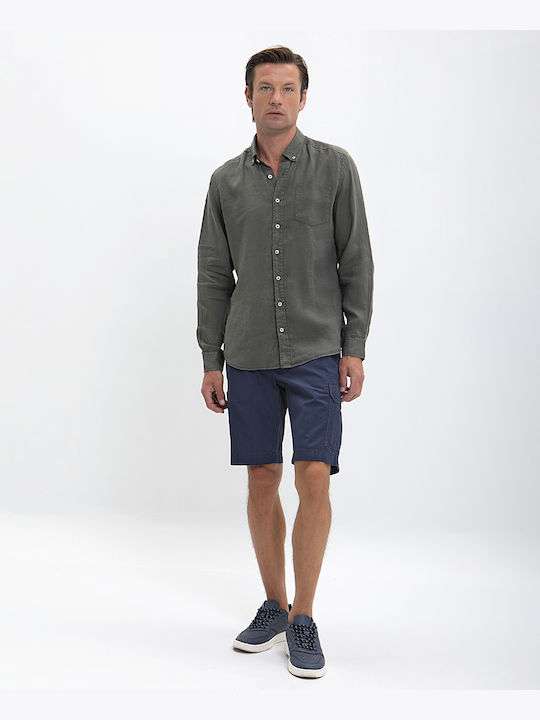 Linen Button Down Slim Fit Commander Khaki Shirt