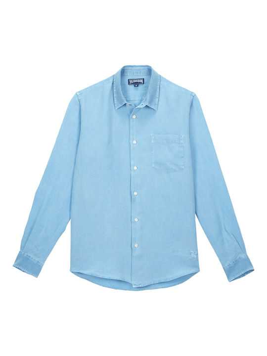 Vilebrequin Men's Shirt Long Sleeve Linen Light Blue